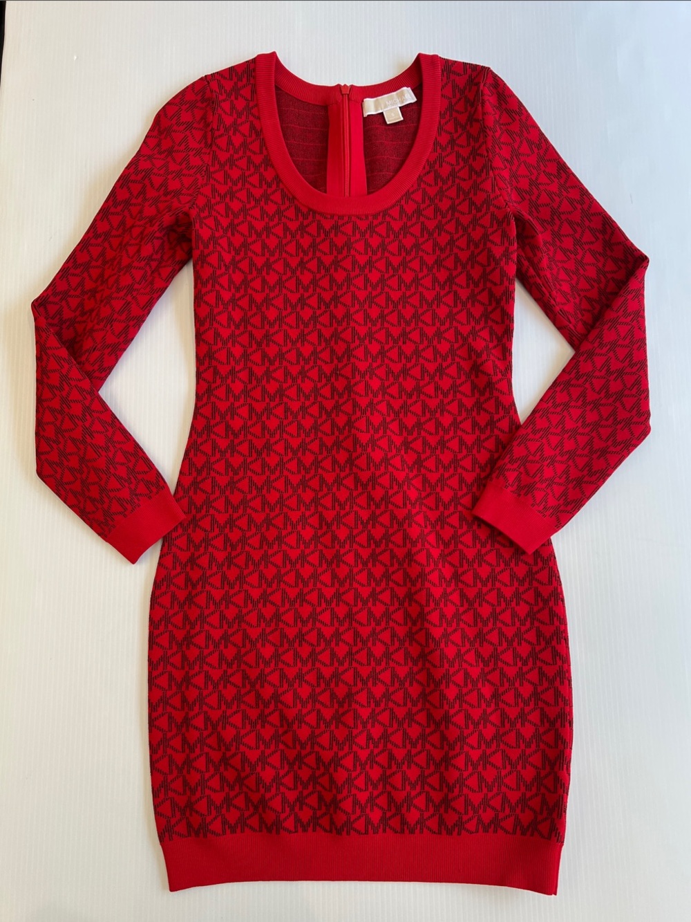 Michael Kors Women’s Red Logo-Pattern Knit Long Sleeve Dress in Size Small